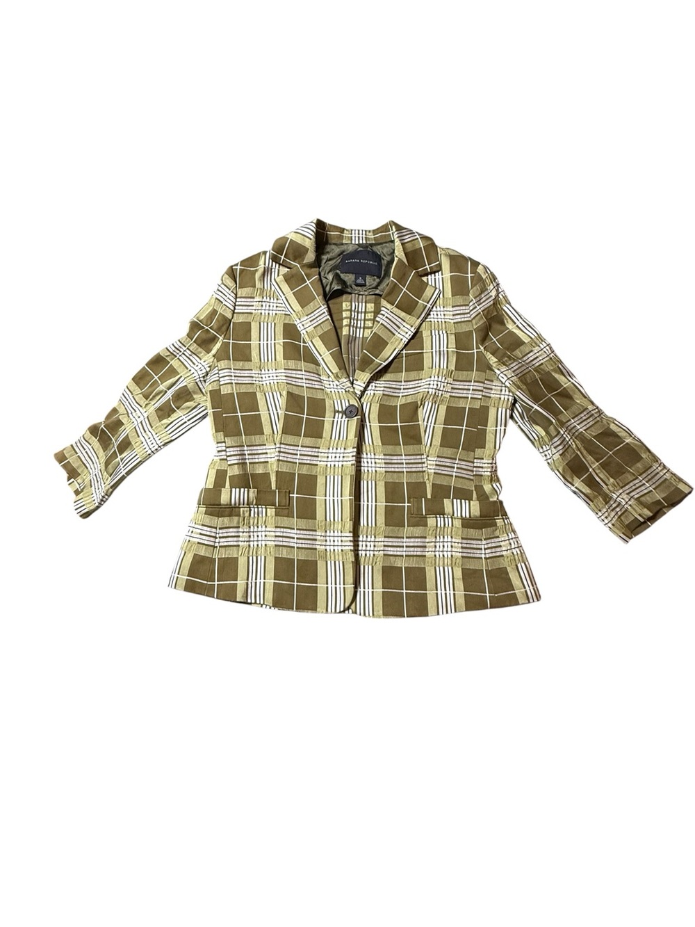 Banana Republic Green Plaid Blazer Jacket 1-Button 3/4 Sleeve Size 8 Workwear